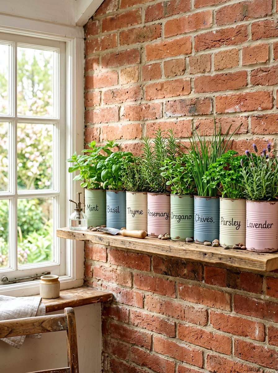 Recycled Tin Can Herb Garden - 25 Spring Indoor Herb Display Ideas