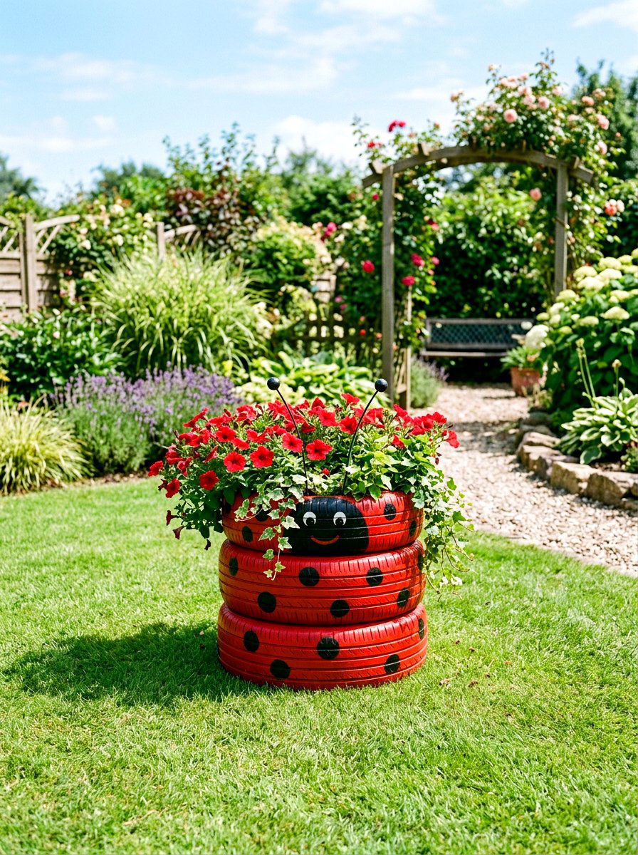 Recycled Tire Ladybug Planter - 25 Spring Ladybug Planter Ideas