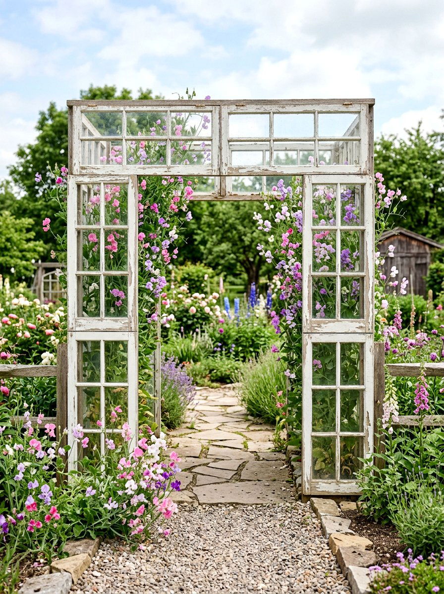Recycled Window Frame Garden Arbor - 25 Spring Garden Arbor Decor Ideas