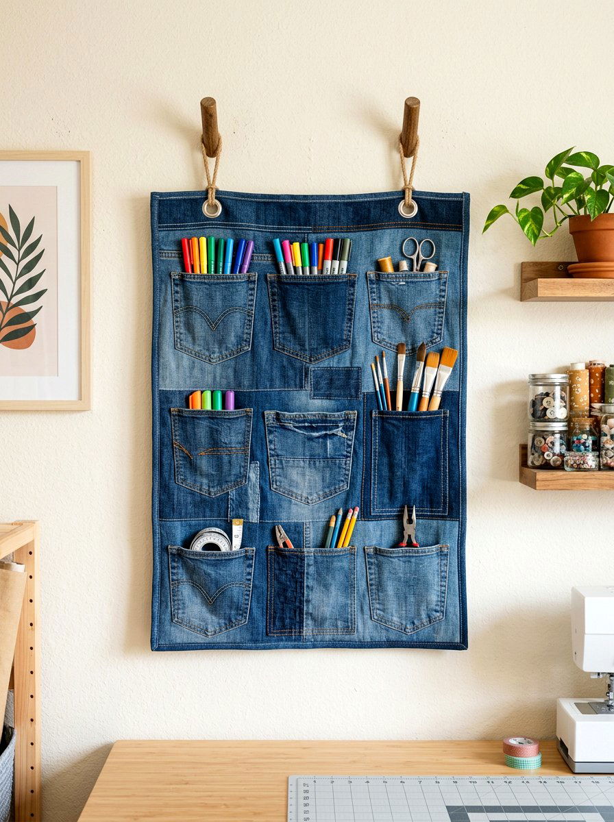 Recycled jeans wall organizer - 25 Spring Recycled Decor Ideas