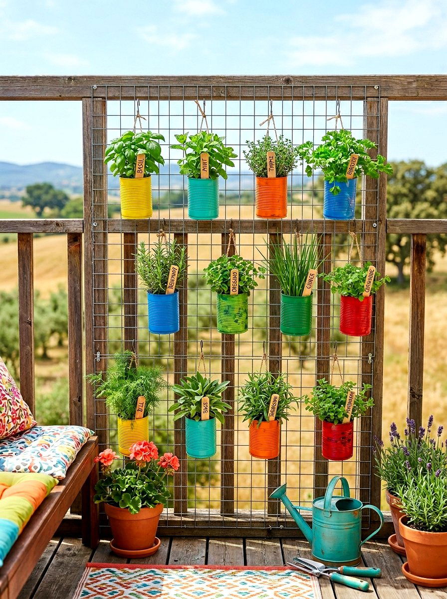 Recycled tin can herb garden - 25 Spring Balcony Herb Garden Ideas