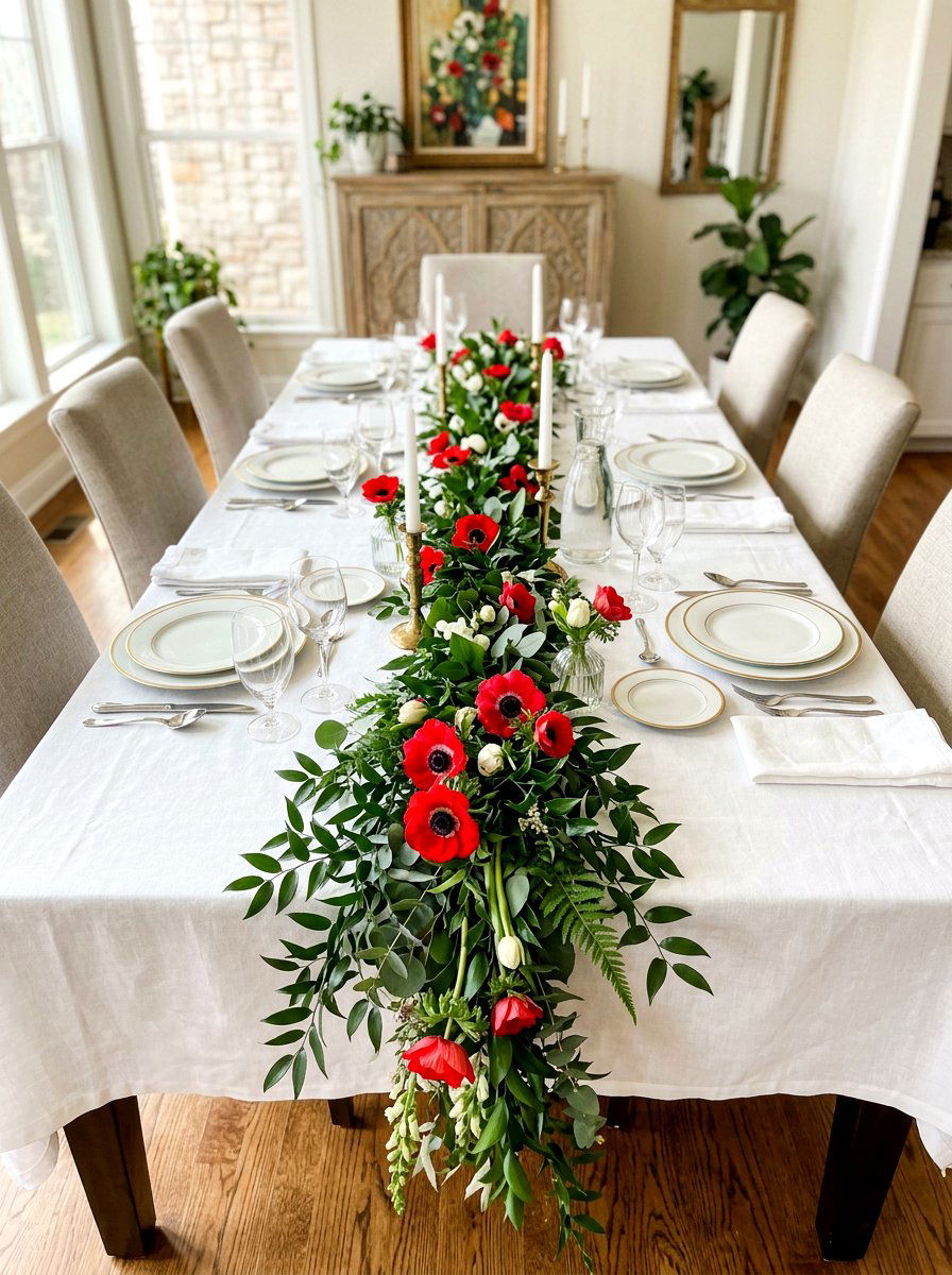 Red Anemone Greenery Table Runner - 25 Spring Anemone Arrangement Ideas