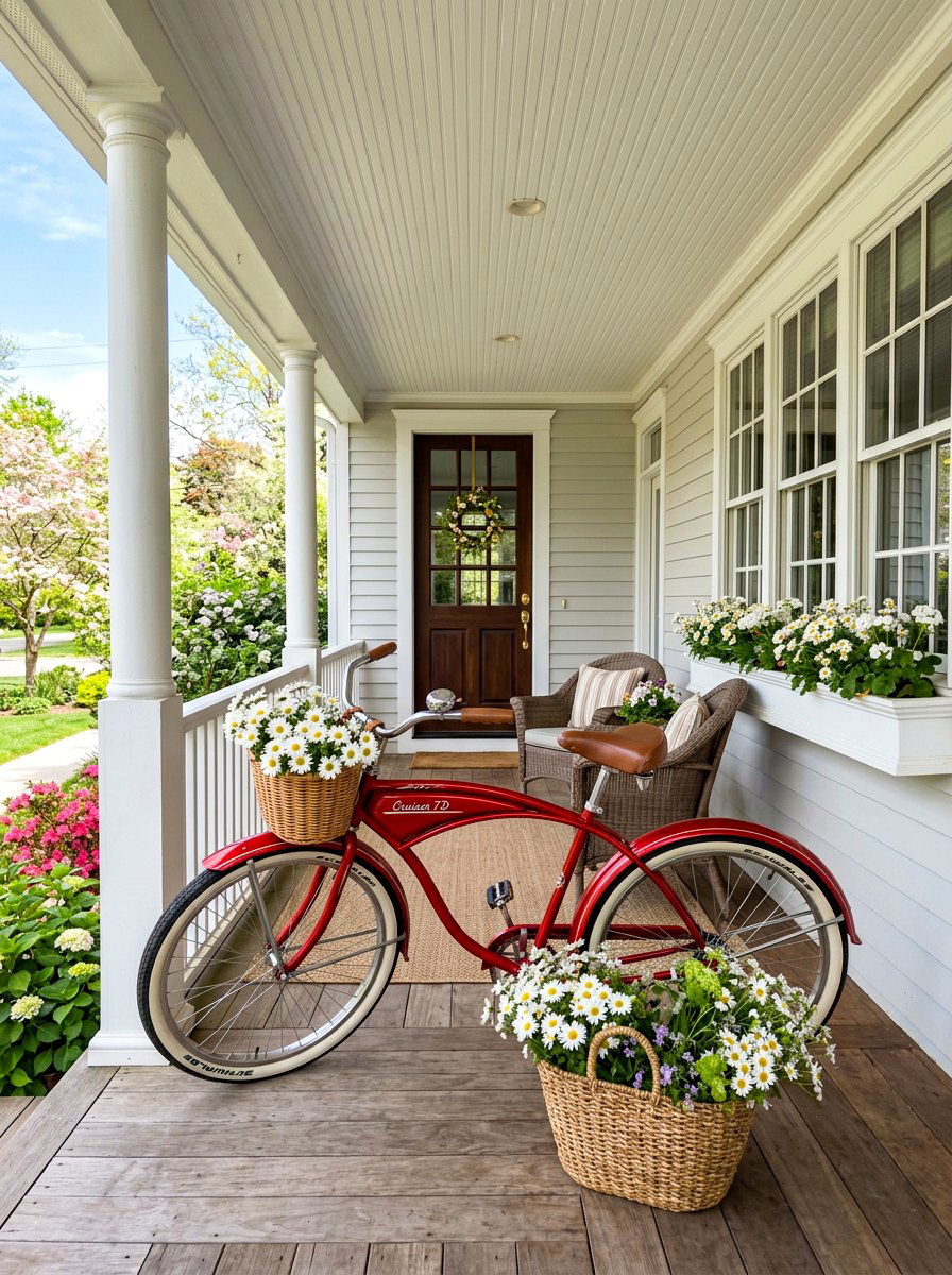 Red Cruiser Spring Porch - 25 Spring Bicycle Decor Ideas