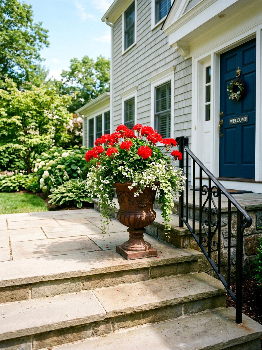 Red Geranium Urn - 25 Spring Porch Urn Ideas