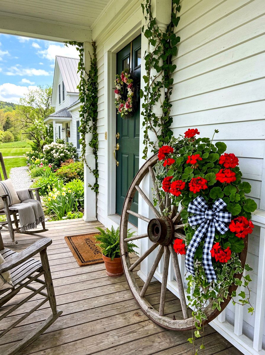 Red Geranium Wagon Wheel - 25 Spring Wagon Wheel Wreath Ideas
