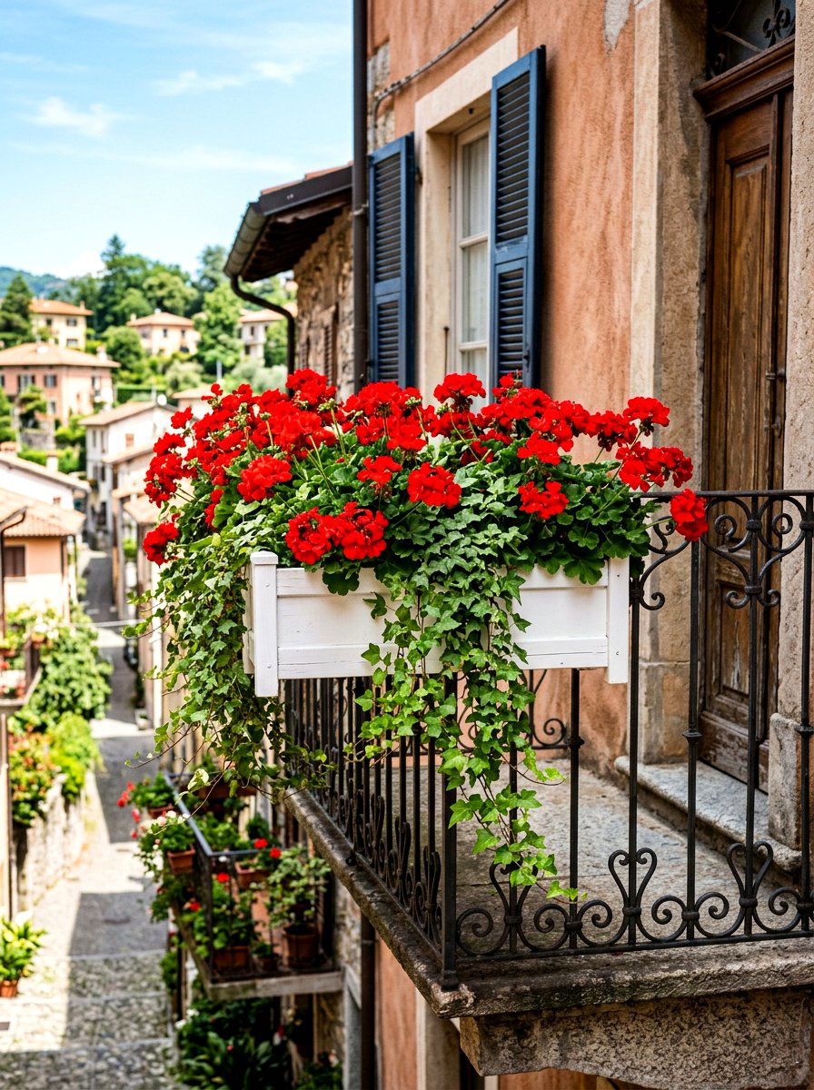 Red Geraniums And Ivy - 25 Spring Balcony Flower Box Ideas