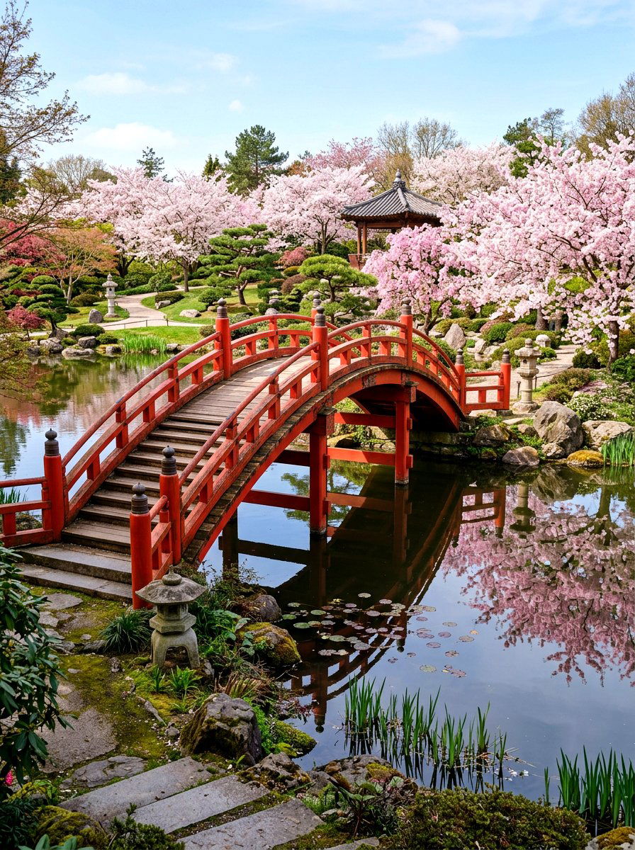 Red Oriental Garden Bridge - 25 Spring Garden Bridge Decor Ideas