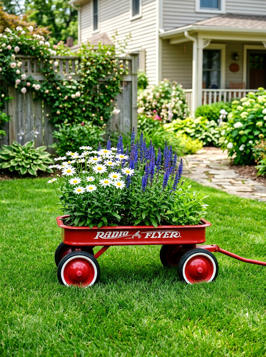 Red Radio Flyer planter - 25 Spring Garden Wagon Decor Ideas