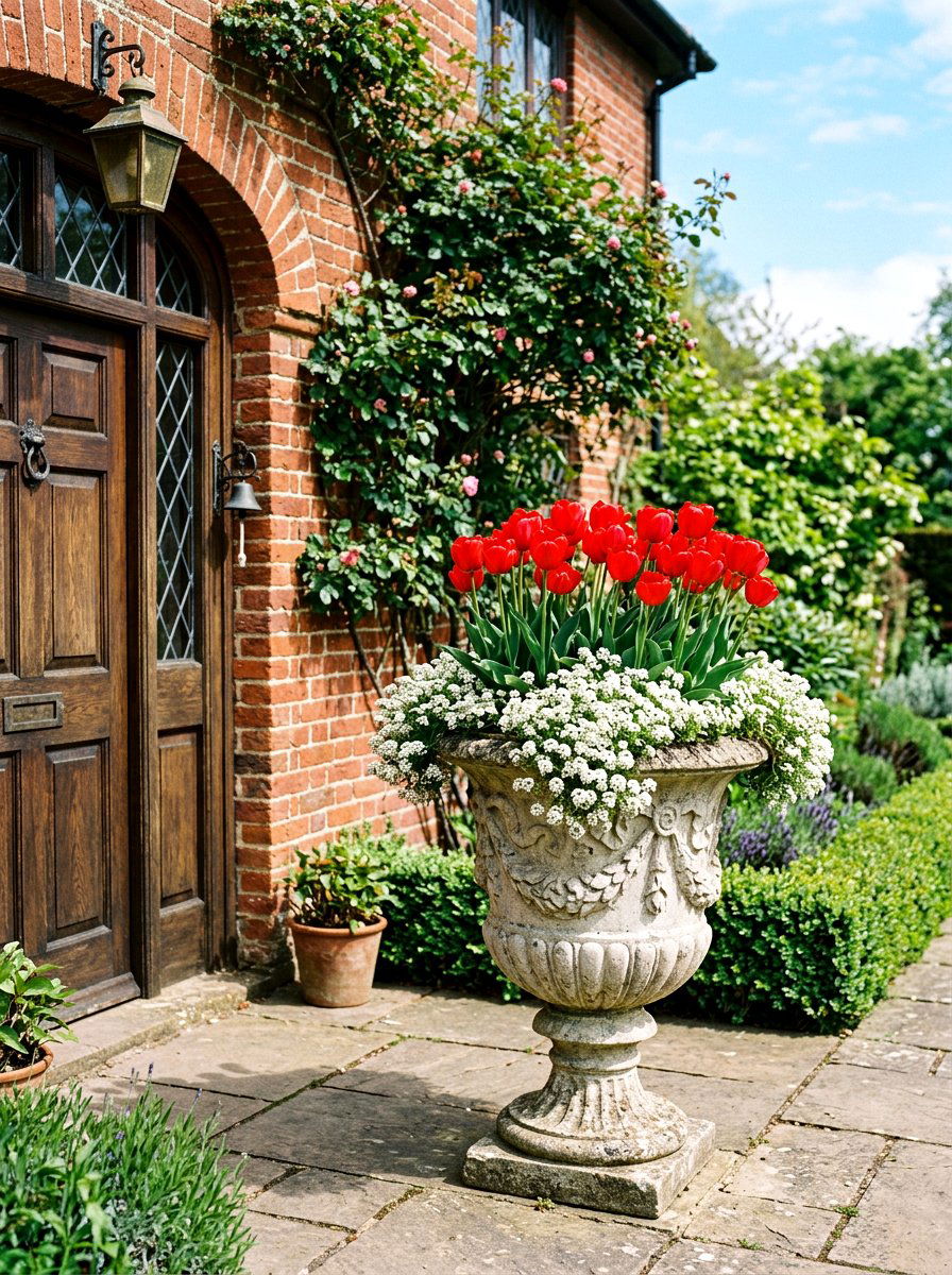 Red Tulips And White Alyssum - 25 Spring Urn Planter Ideas