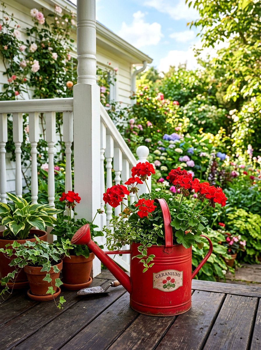 Red Watering Can With Geraniums - 25 Spring Watering Can Decor Ideas