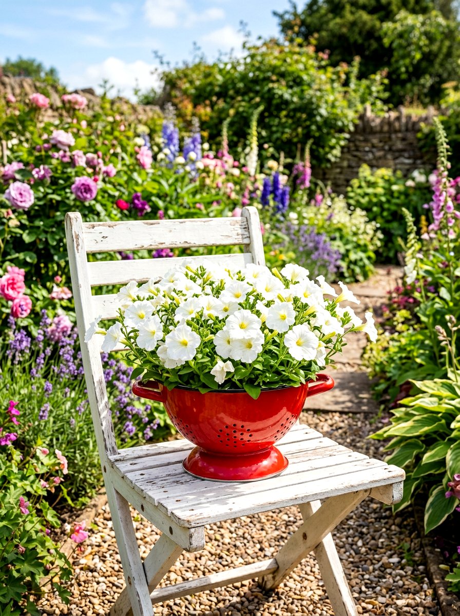 Red enamel colander petunia pot - 25 Spring Colander Planter Ideas