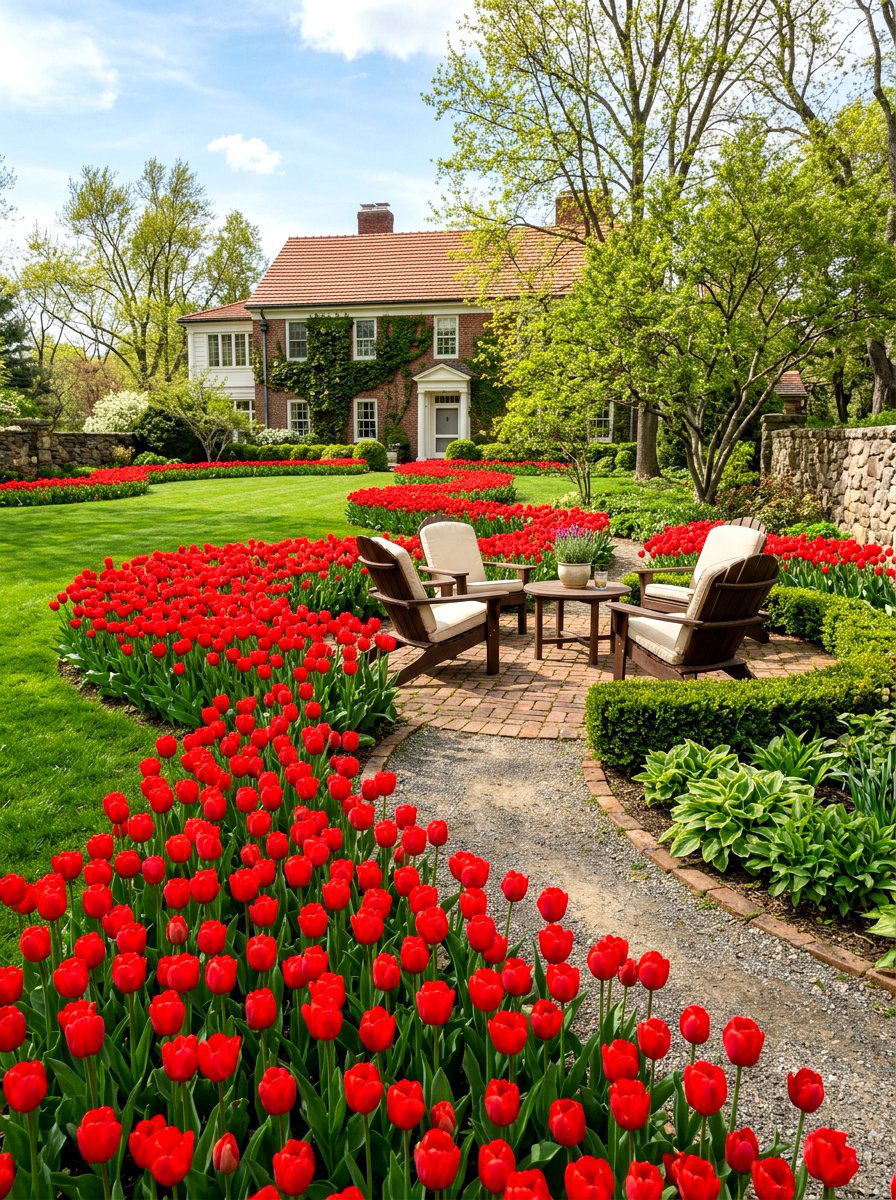 Red tulip backyard layout - 25 Spring Tulip Garden Ideas