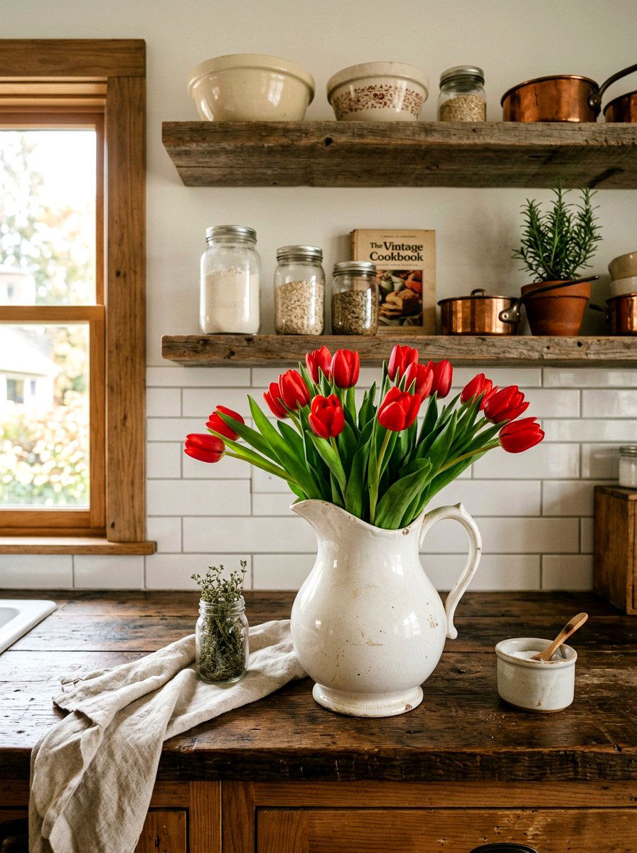 Red tulips in vintage ceramic pitcher - 25 Spring Tulip Bulb Vase Ideas
