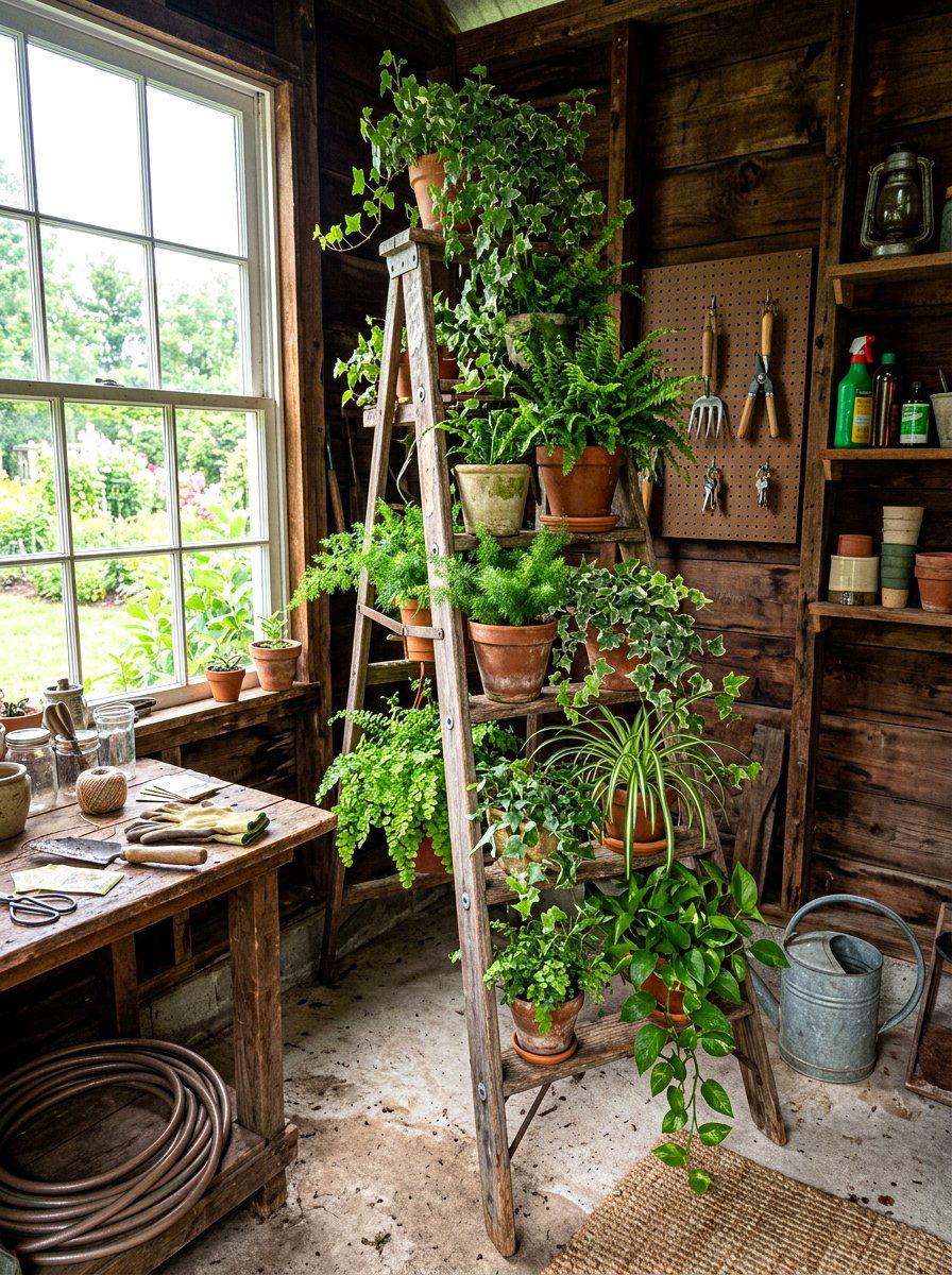 Repurposed Ladder Planter - 25 Spring Potting Shed Decor Ideas