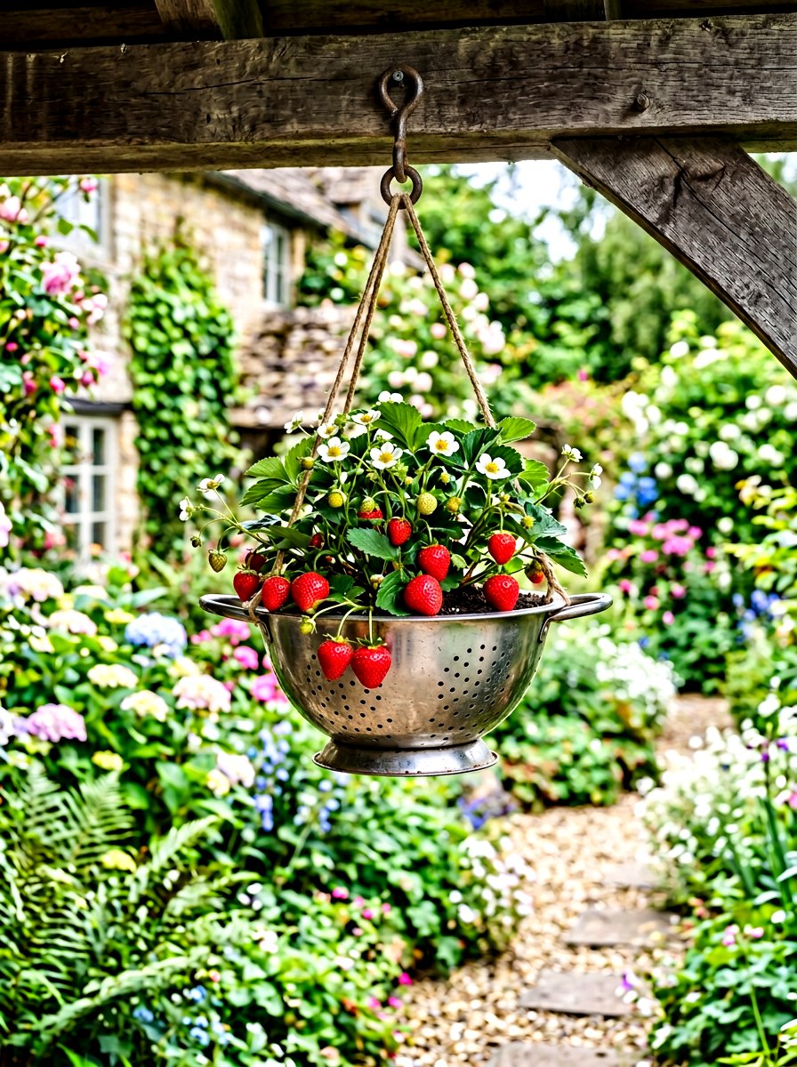 Repurposed colander strawberry planter - 25 Spring Colander Planter Ideas
