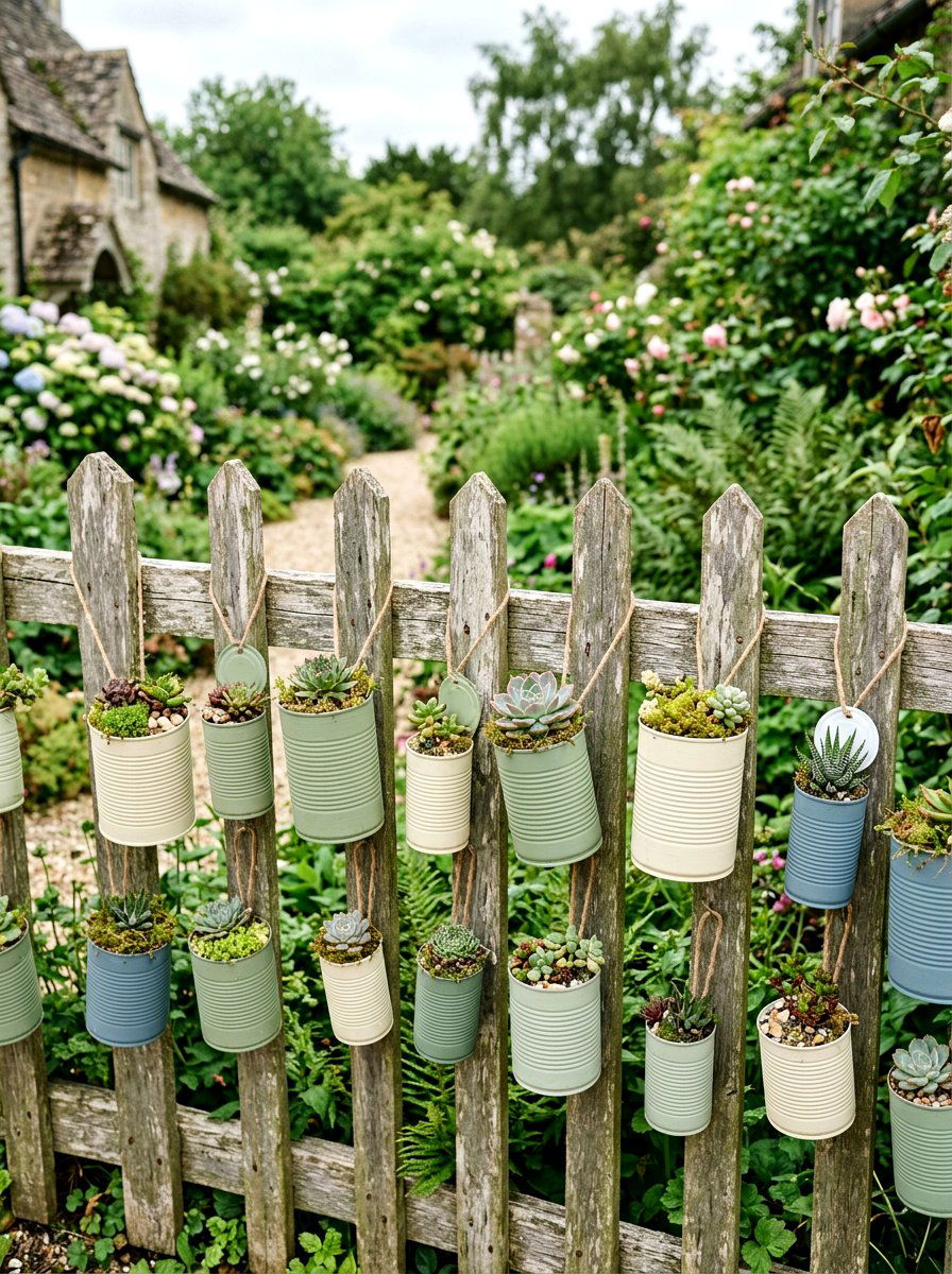 Repurposed tin can planter - 25 Spring Picket Fence Planter Ideas