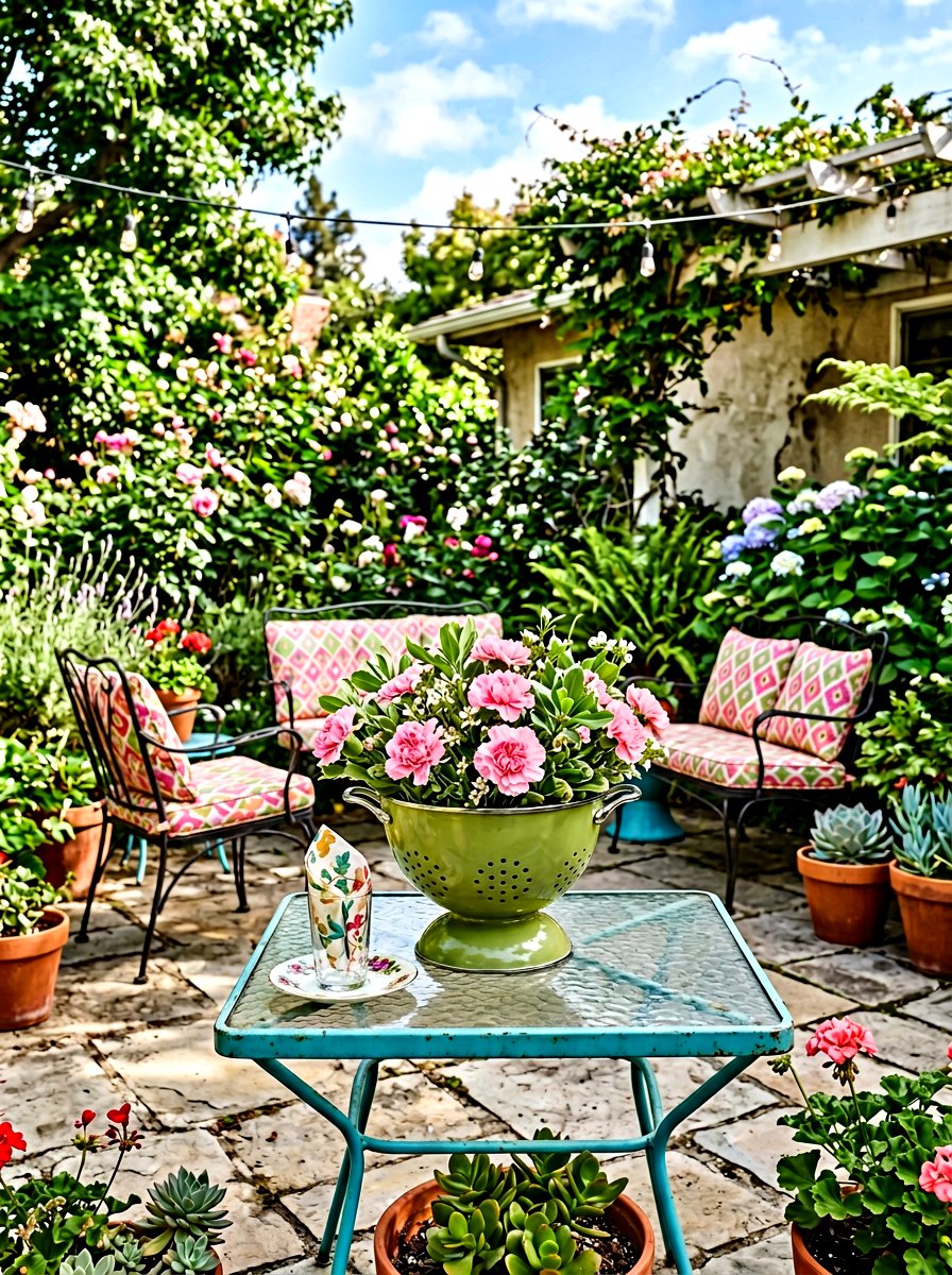 Retro colander patio decor - 25 Spring Colander Planter Ideas