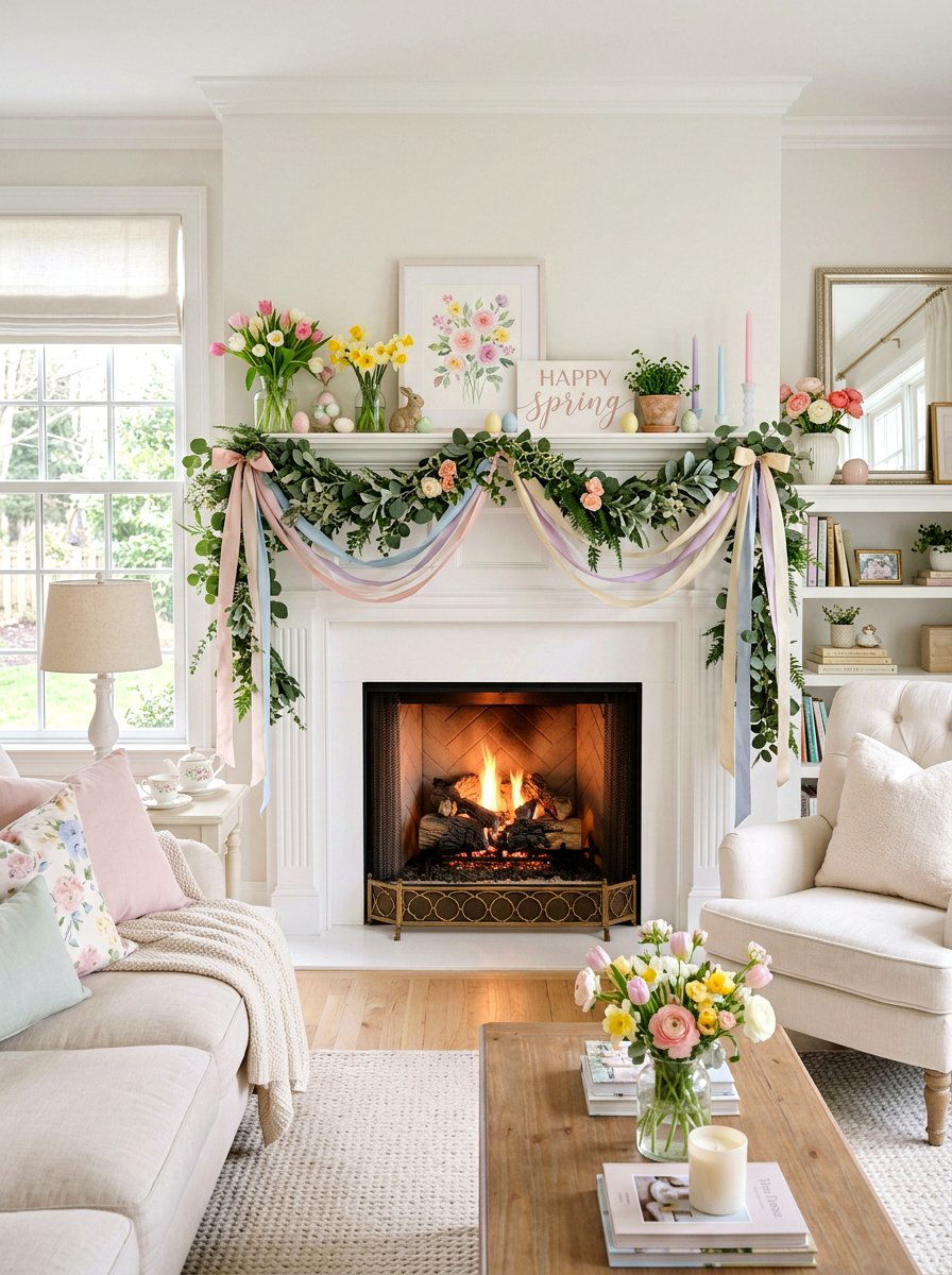 Ribbon Mantel - 25 Spring Garland Ideas for Mantel
