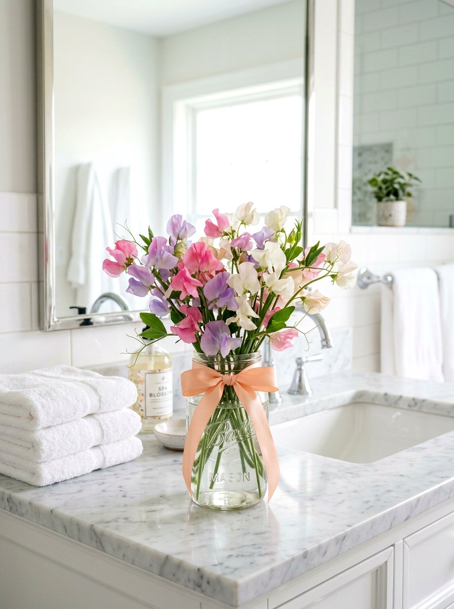 Ribbon Tied Mason Jar With Sweet Peas - 25 Spring Mason Jar Flower Ideas