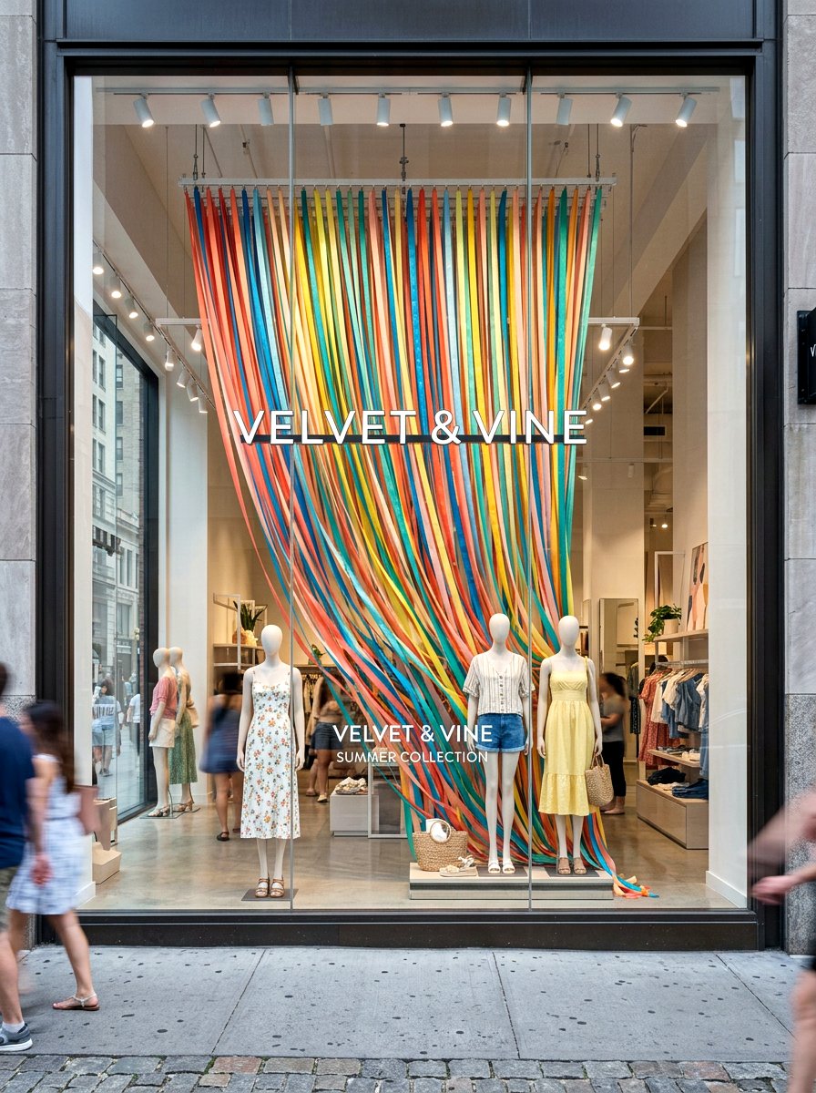 Ribbon Waterfall Backdrop - 25 Spring Store Window Ideas