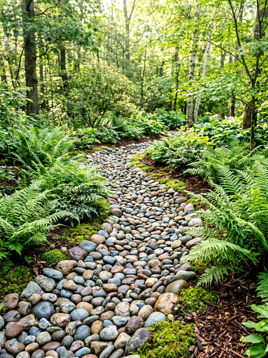 River Rock Drainage Path Ferns - 25 Spring Garden Pathway Decor Ideas