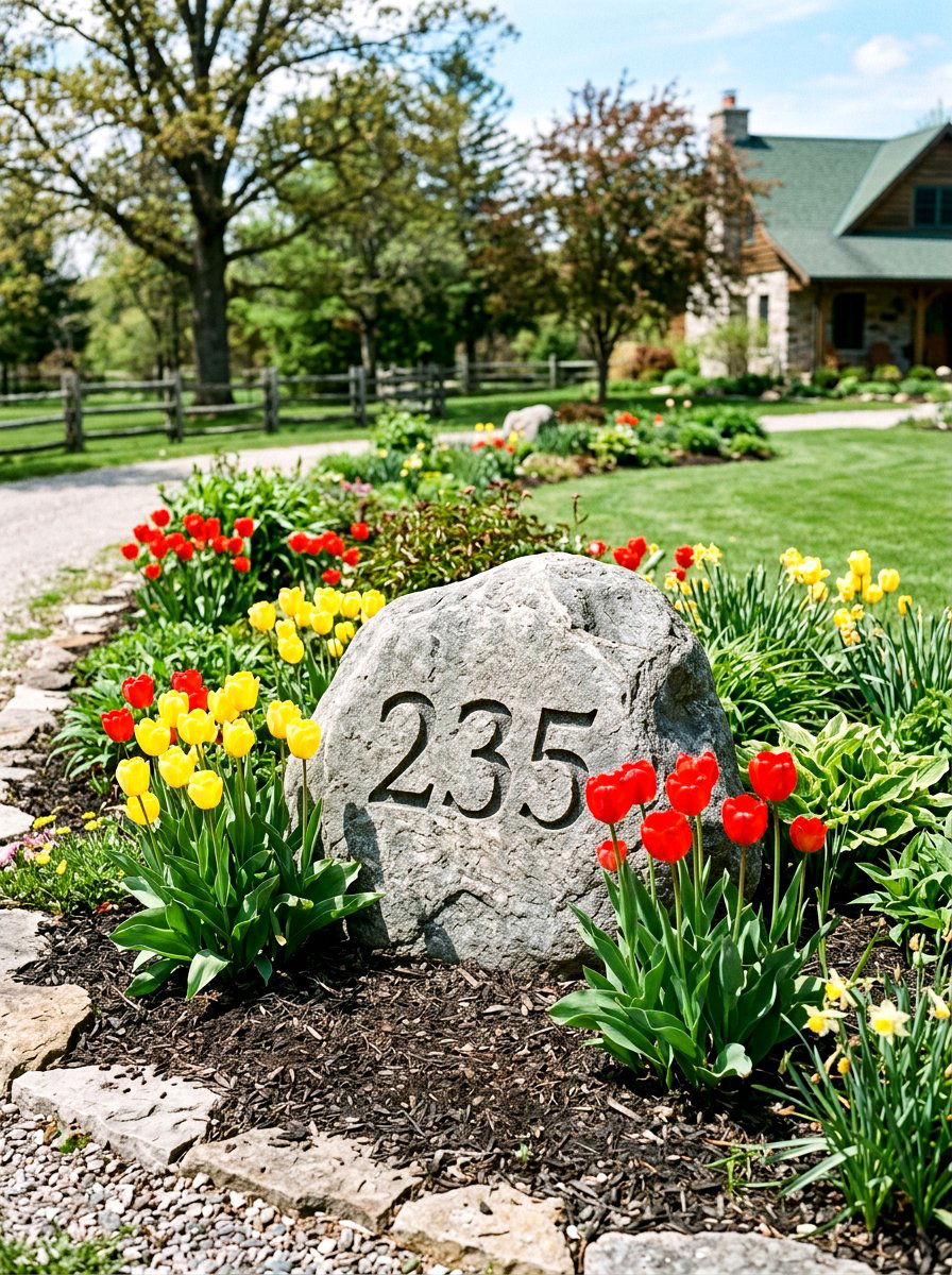 Rock Engraved Address Stone - 25 Spring House Number Decor Ideas