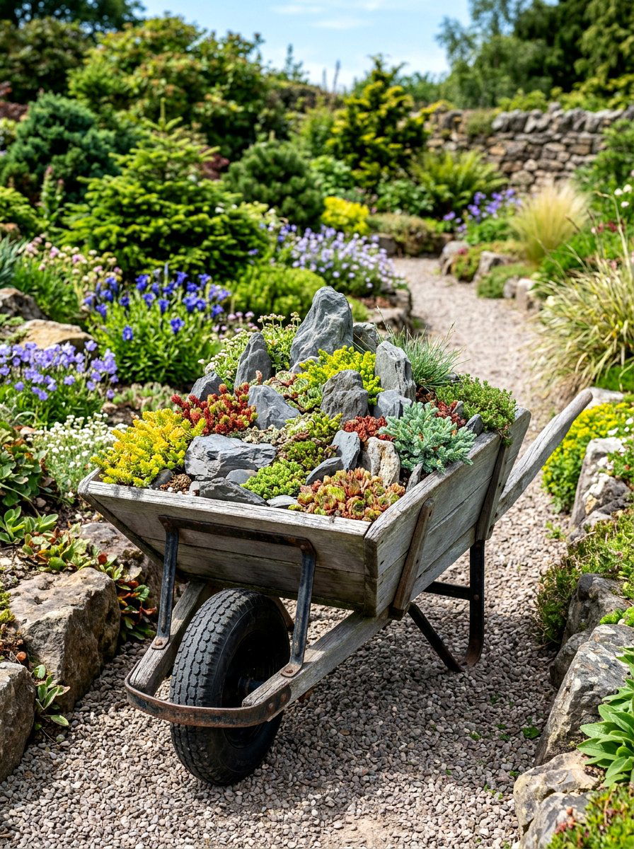 Rock Garden Wheelbarrow - 25 Spring Wheelbarrow Planter Ideas