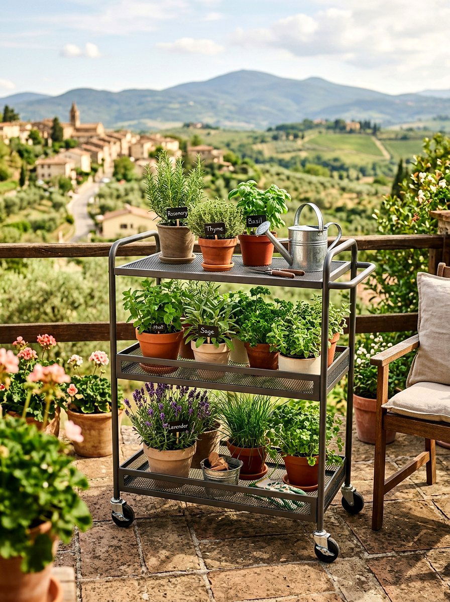 Rolling herb garden cart - 25 Spring Balcony Herb Garden Ideas