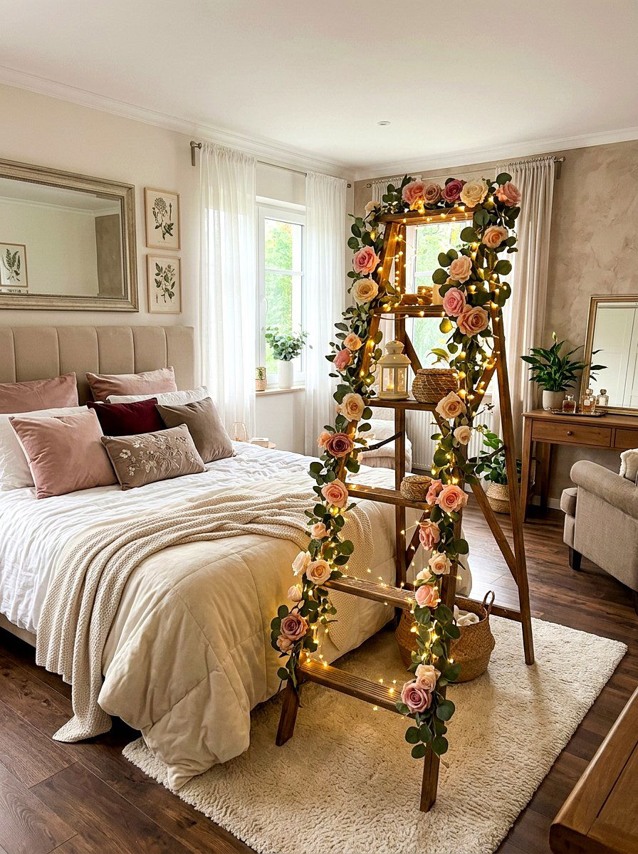 Romantic Bedroom Floral Ladder - 25 Spring Ladder Decor Ideas