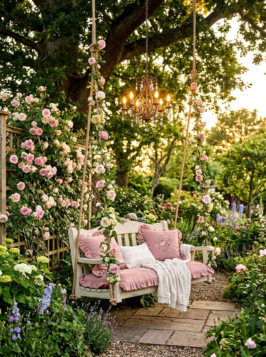 Romantic Rose Swing - 25 Spring Porch Swing Decor Ideas