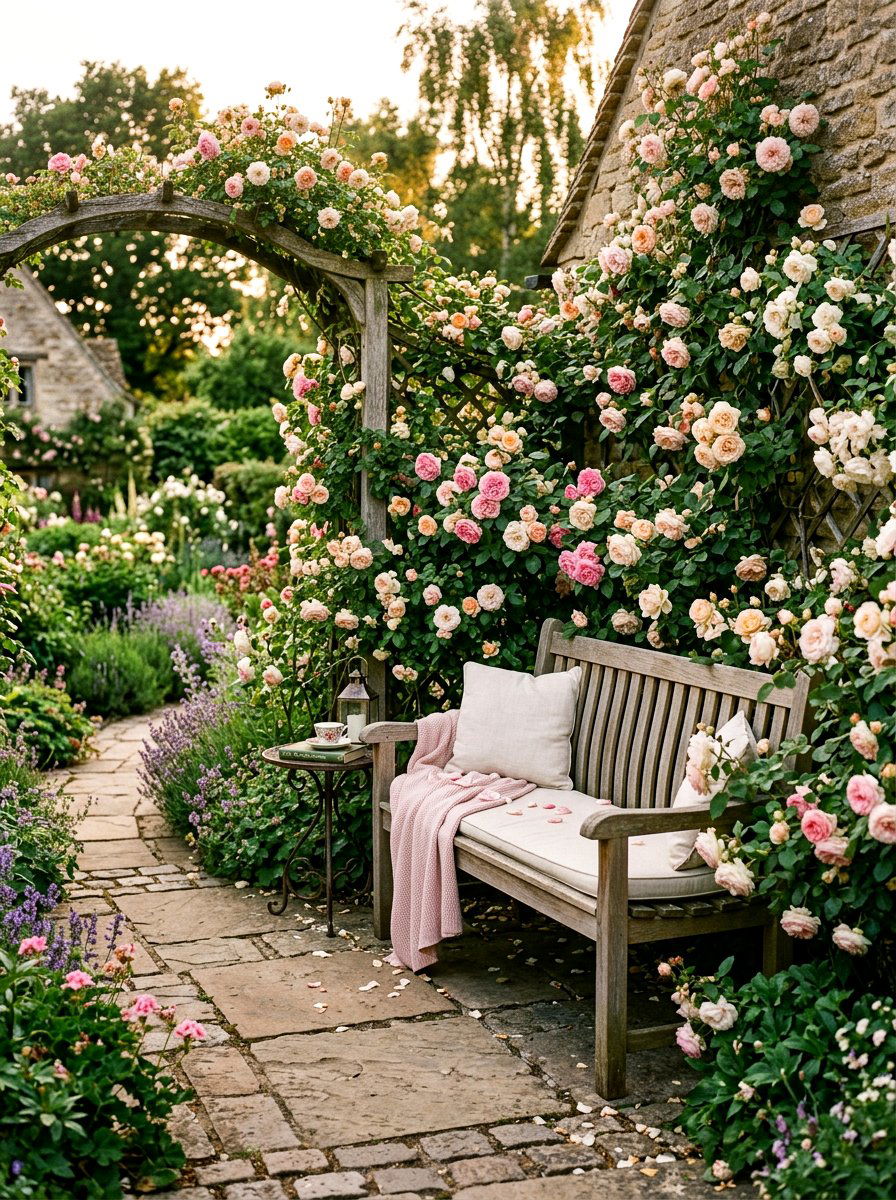 Rose Garden Bench Seating Area - 25 Spring Rose Garden Ideas