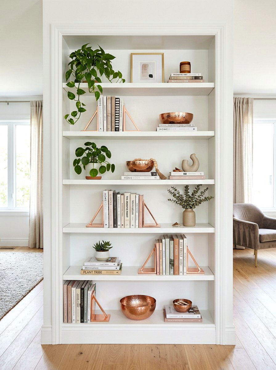 Rose Gold Bookcase Styling - 25 Spring Rose Gold Decor Ideas