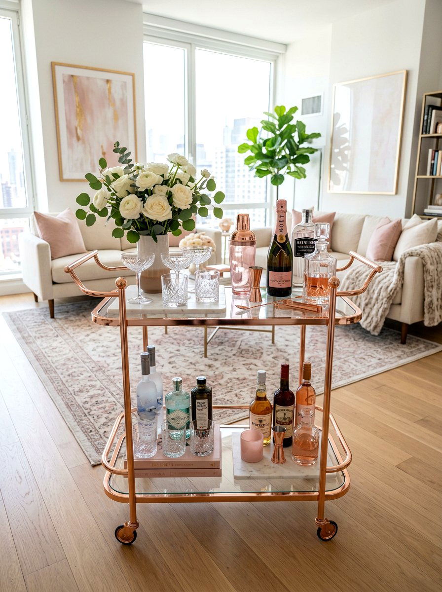 Rose Gold Spring Style - 25 Spring Bar Cart Decor Ideas
