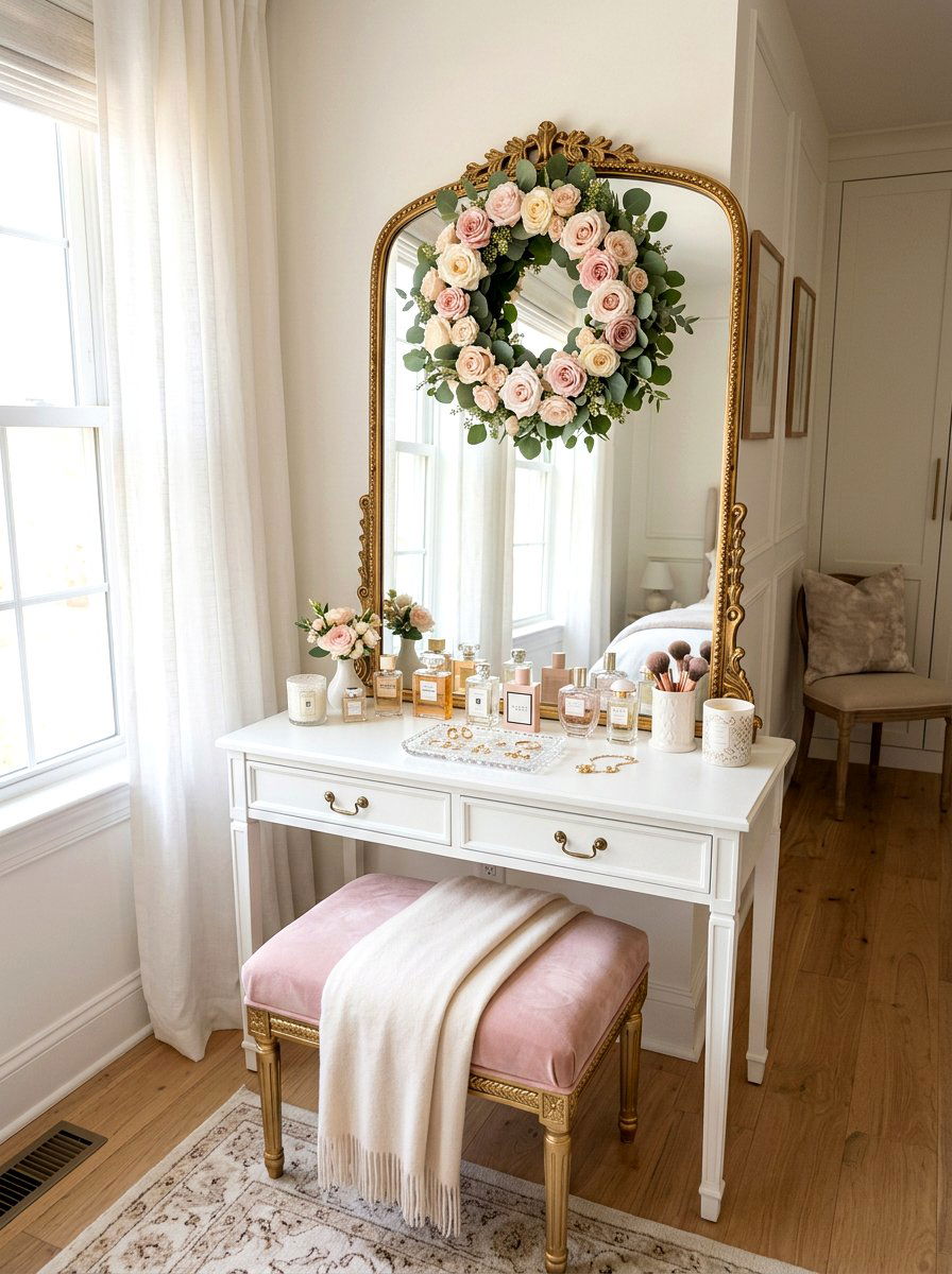 Rose wreath on vanity mirror - 25 Spring Wreath on Mirror Ideas