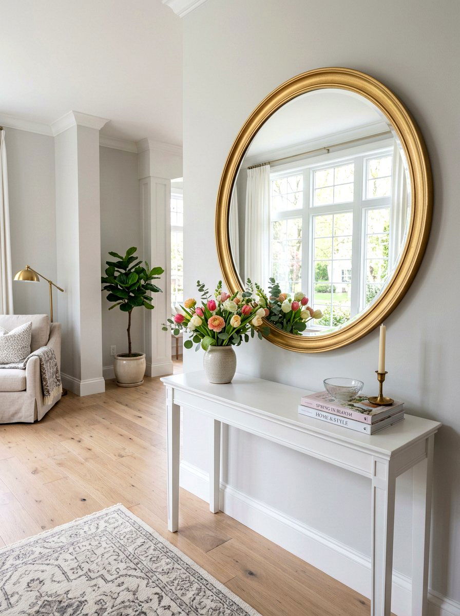 Round Gold Mirror - 25 Spring Living Room Wall Decor Ideas