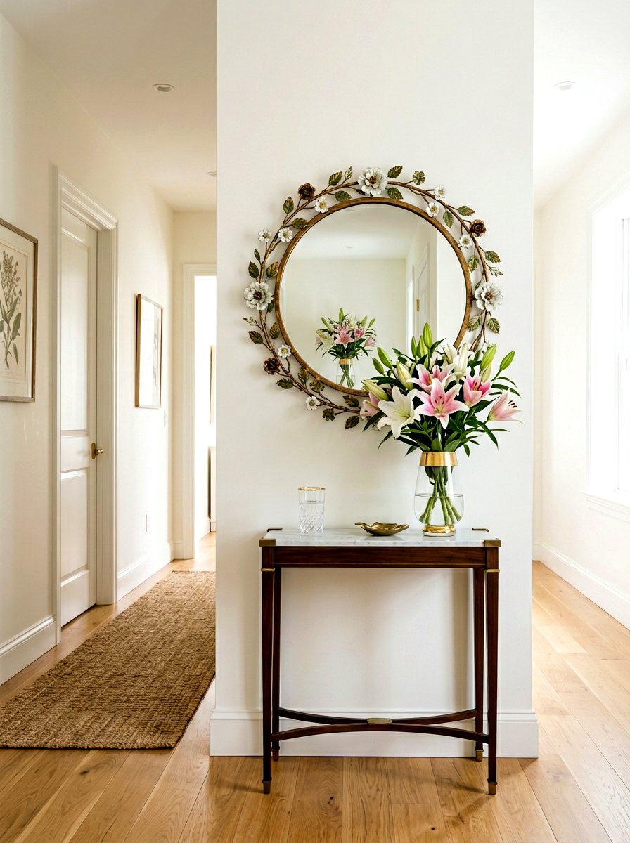 Round Mirror With Floral Accents - 25 Spring Wall Decor Ideas