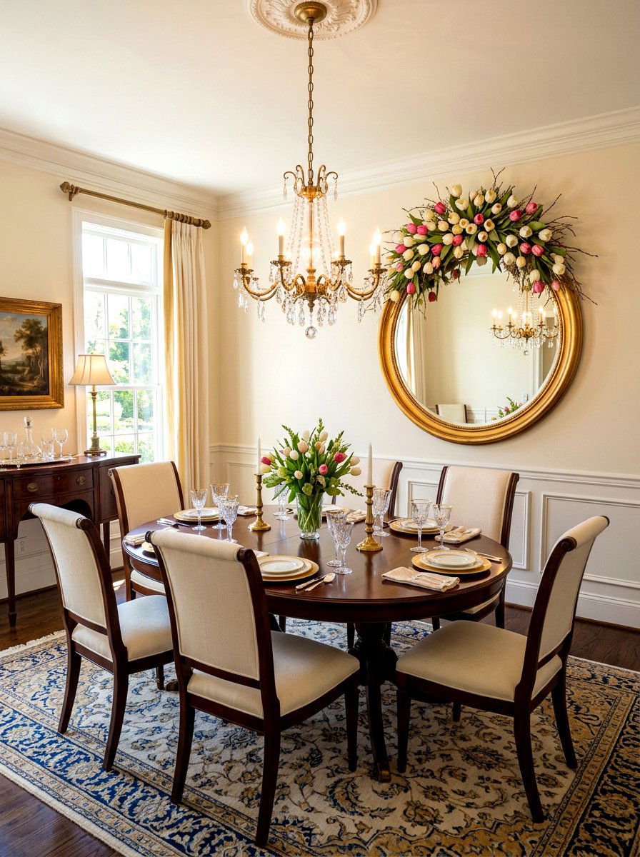 Round Mirror With Flower Wreath - 25 Spring Dining Room Wall Decor Ideas