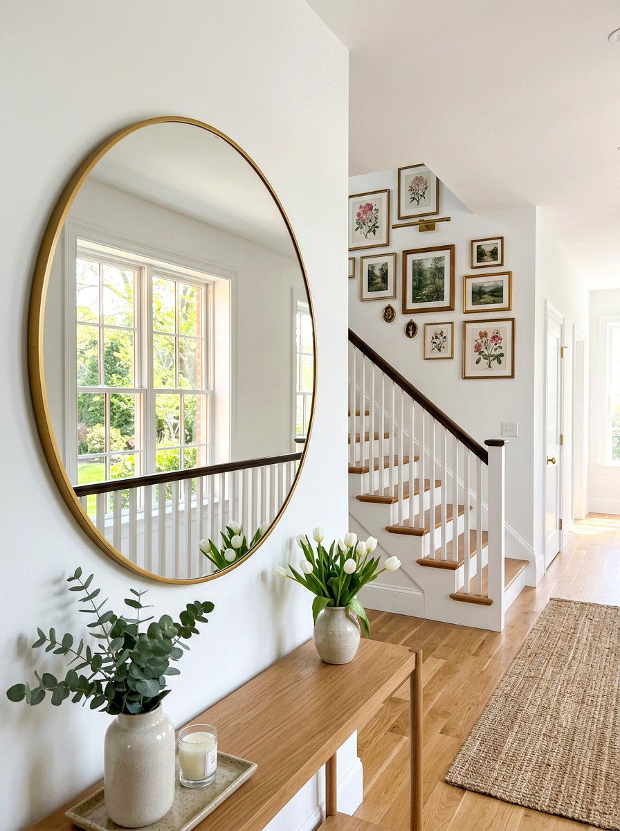 Round Wall Mirror - 25 Spring Stairway Wall Decor Ideas