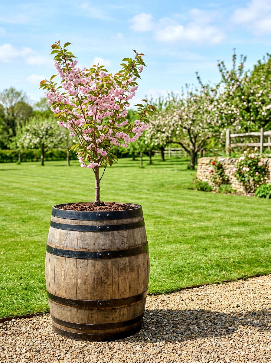 Round Wood Barrel Planter - 25 Spring Wooden Planter Ideas