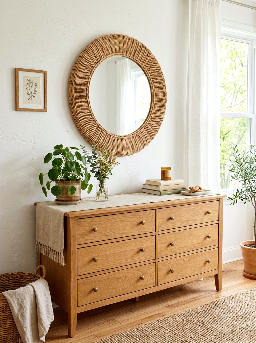 Round Woven Mirror - 25 Spring Dresser Top Decor Ideas