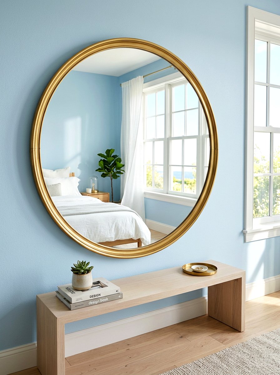 Round brass mirror - 25 Spring Bedroom Wall Decor Ideas