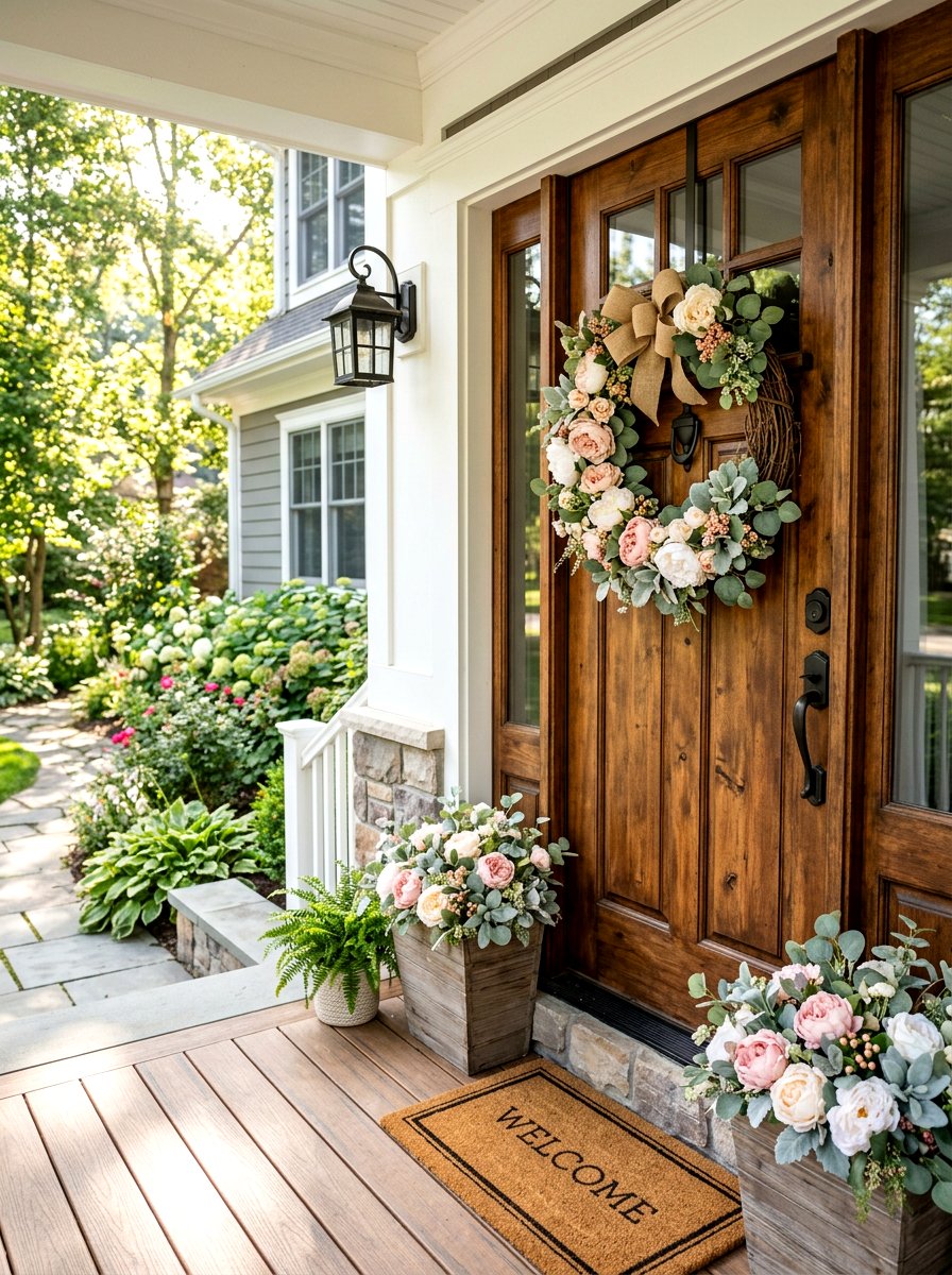 Round floral door hanger - 25 Spring Porch Sign Ideas