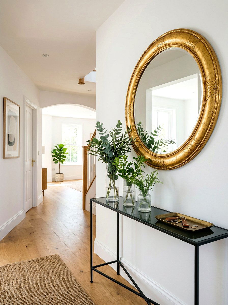 Round gold mirror - 25 Spring Hallway Table Decor Ideas