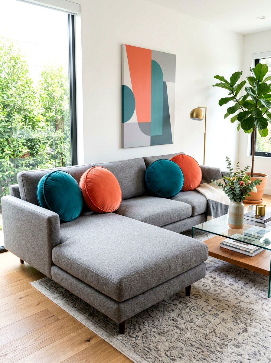 Round velvet throw pillows - 25 Spring Sofa Styling Ideas