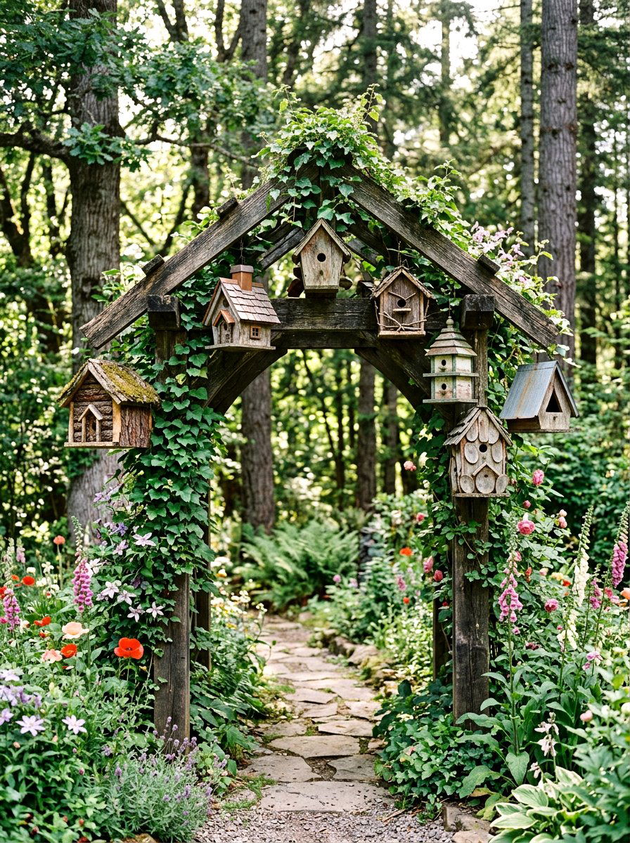 Rustic Birdhouse Display On Garden Arbor - 25 Spring Garden Arbor Decor Ideas