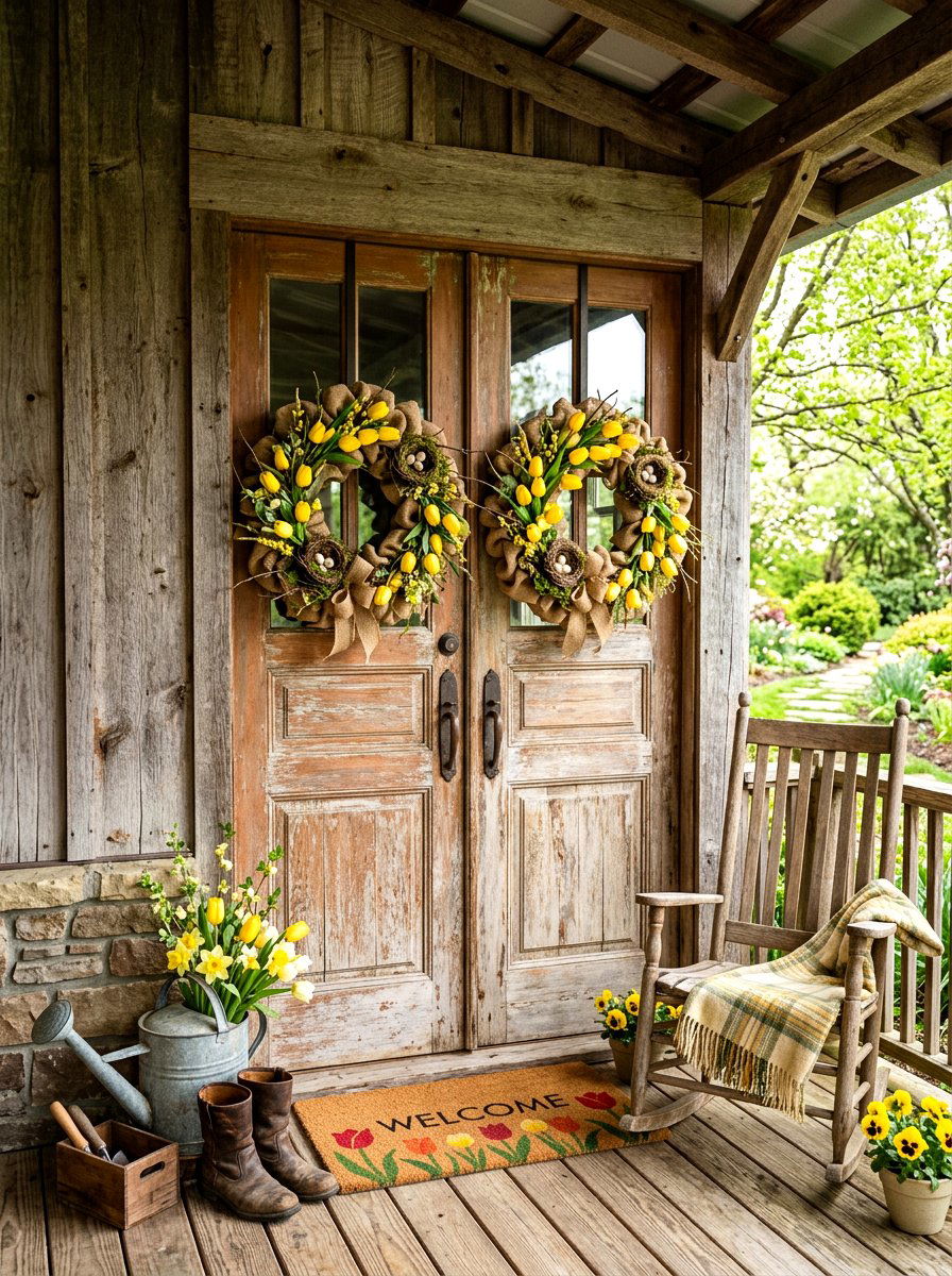 Rustic Burlap Wreath - 25 Spring Double Door Wreath Ideas