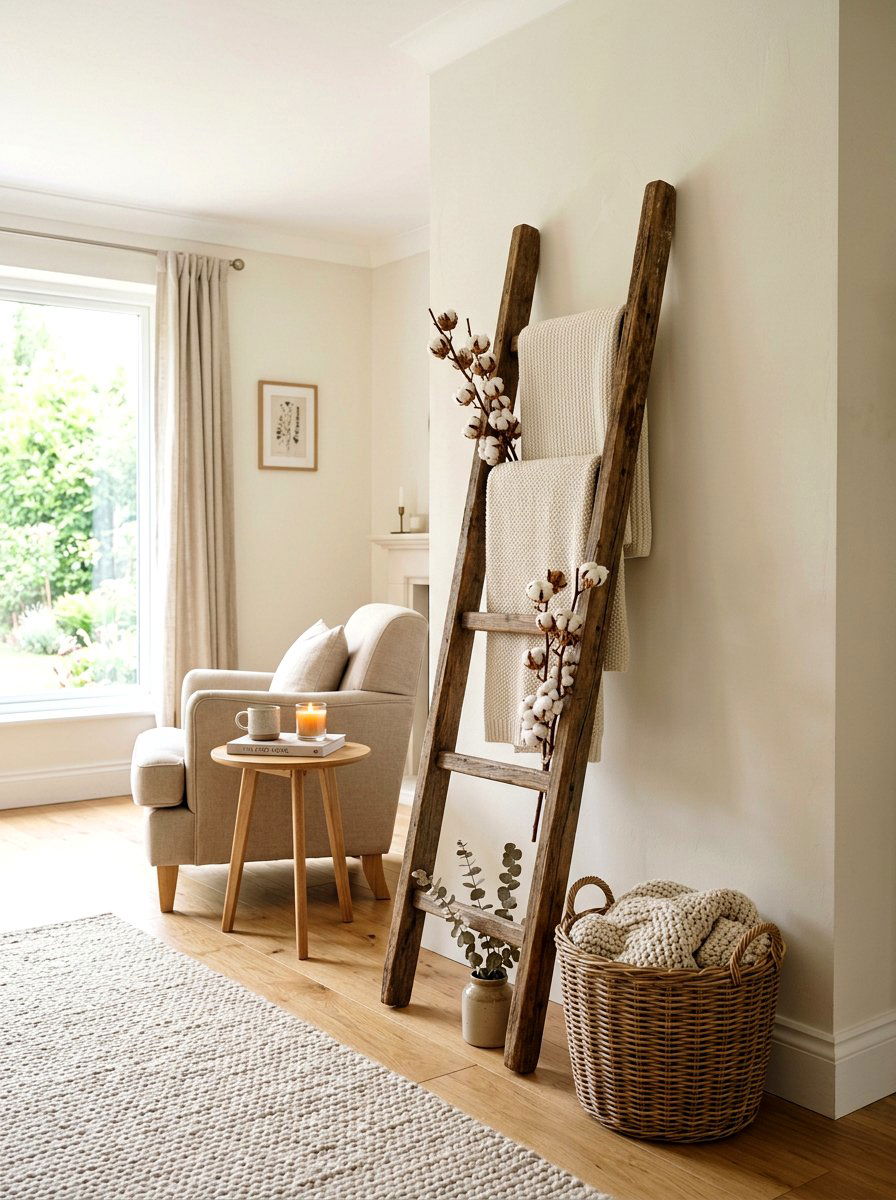 Rustic Cotton Stem Ladder Display - 25 Spring Cotton Stem Decor Ideas