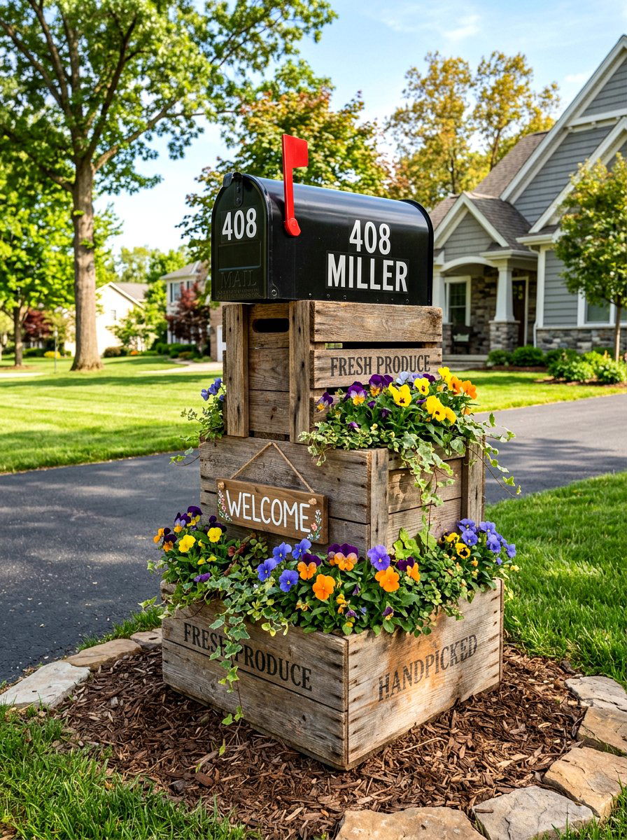 Rustic Crate Mailbox Base - 25 Spring Outdoor Crate Display Ideas