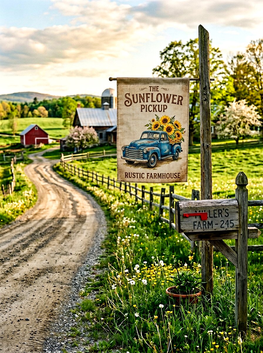 Rustic Farmhouse Truck Flag - 25 Spring Yard Flag Ideas