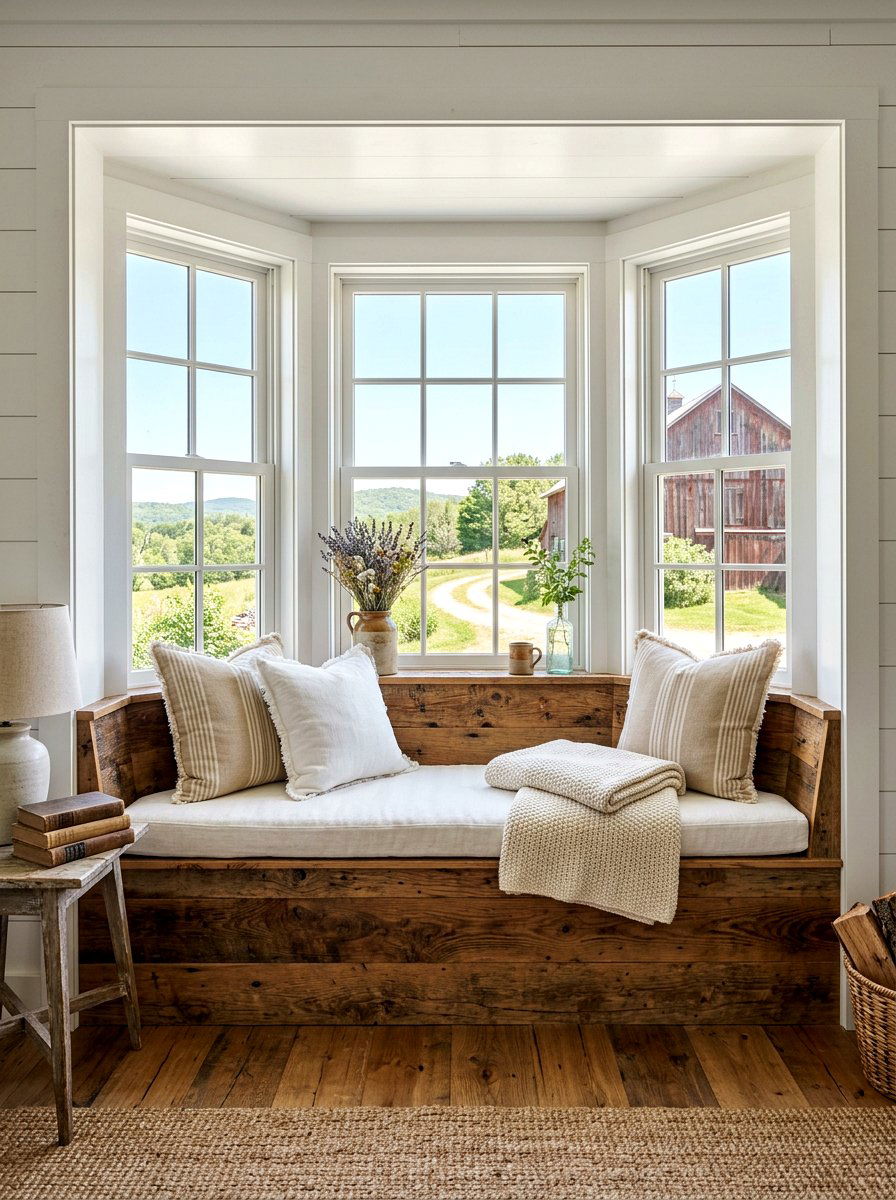 Rustic Farmhouse Window Bench - 25 Spring Bay Window Decor Ideas